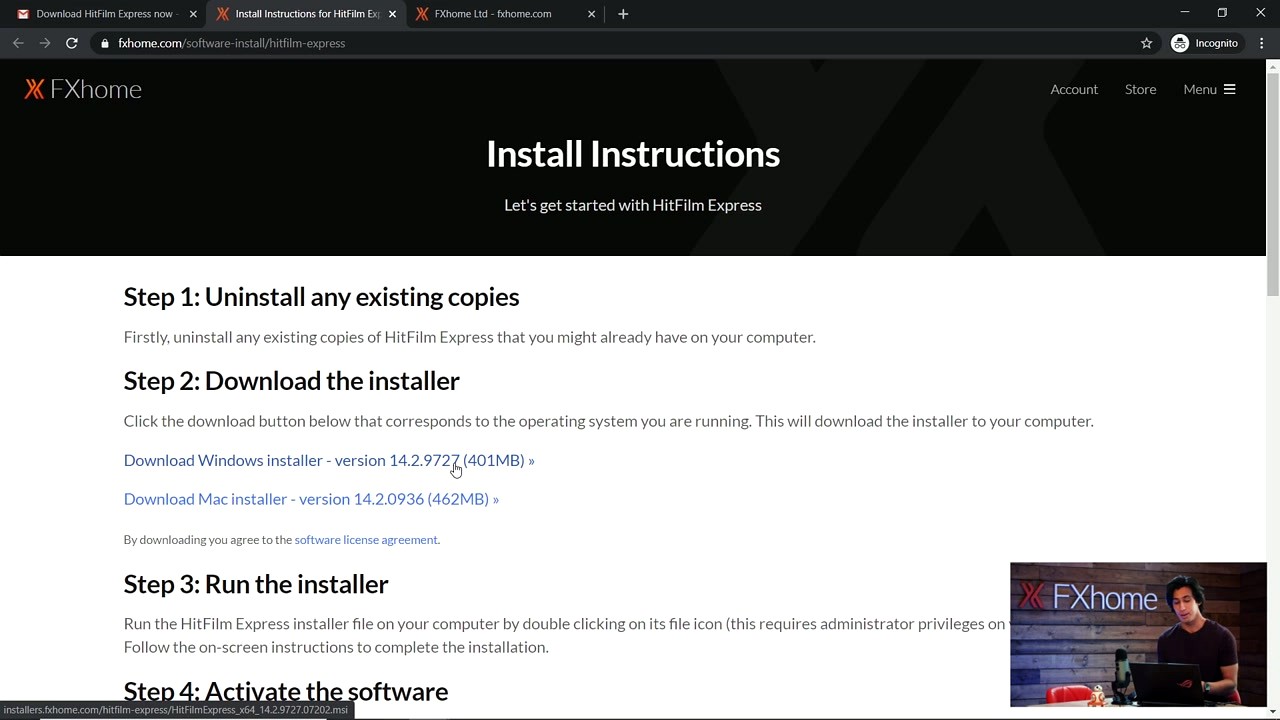 HitFilm Express step 1 - FXhome install instructions page