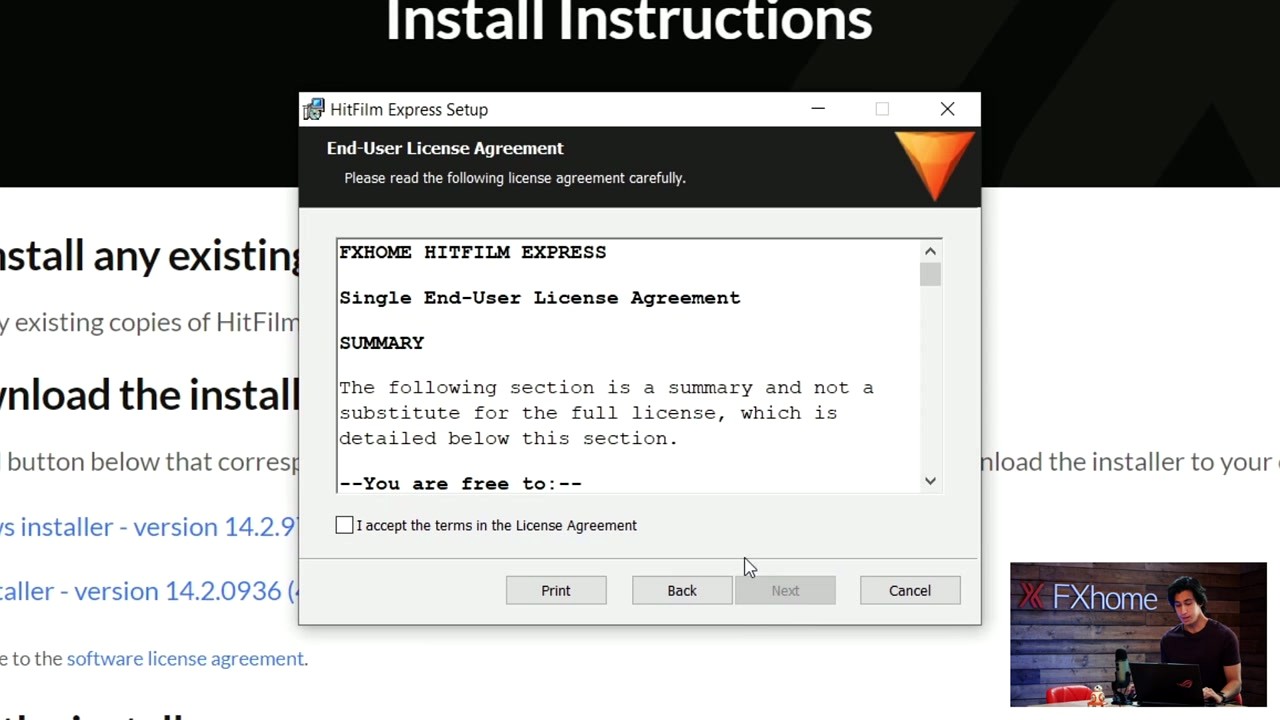 HitFilm Express step 2 - End-User License Agreement screen