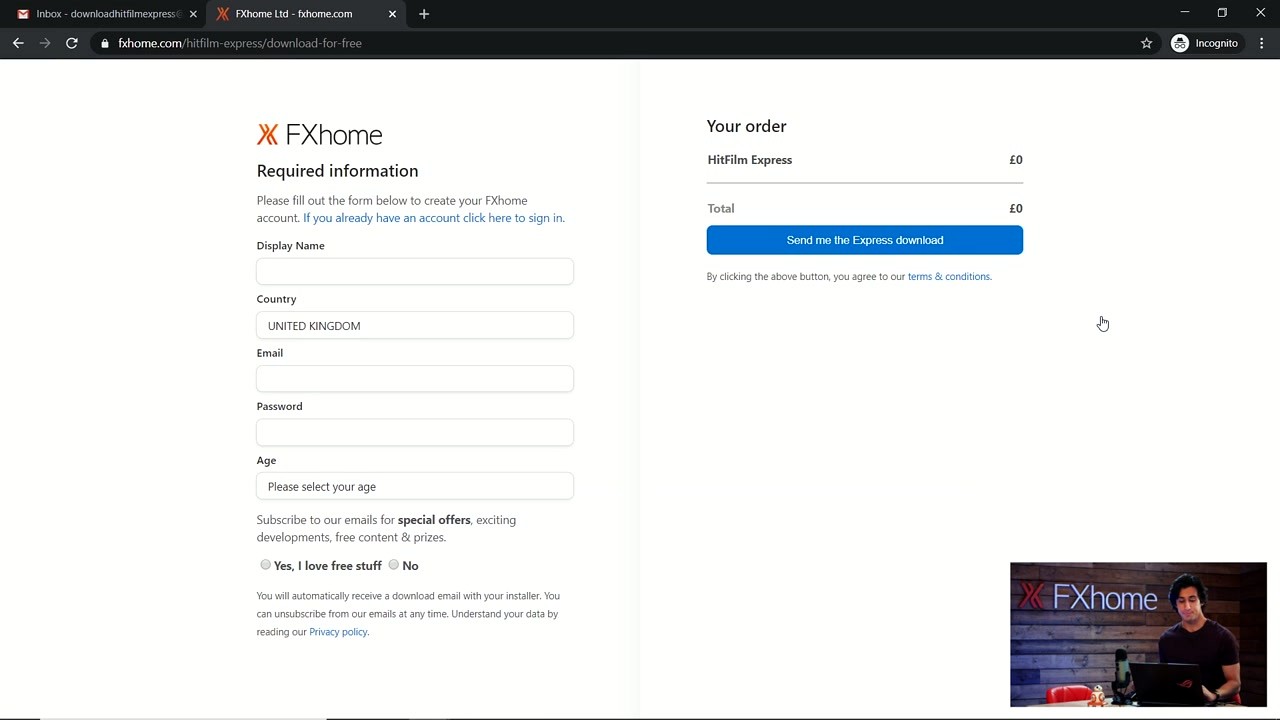 HitFilm Express step 4 - FXhome account registration form