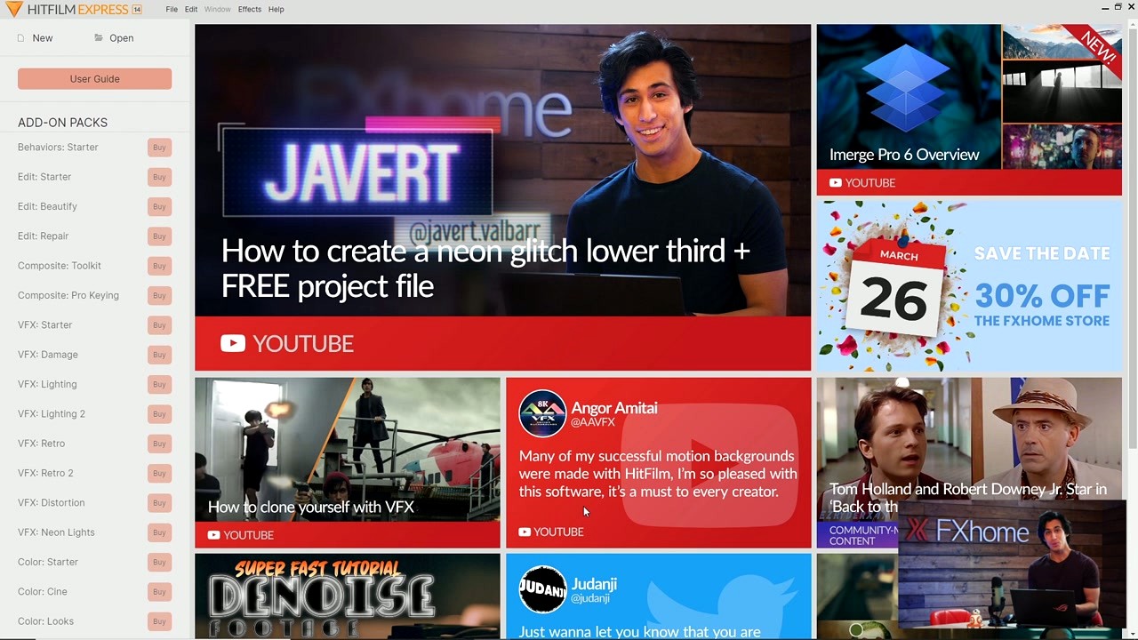 HitFilm Express step 6 - Home screen with tutorials and add-on packs