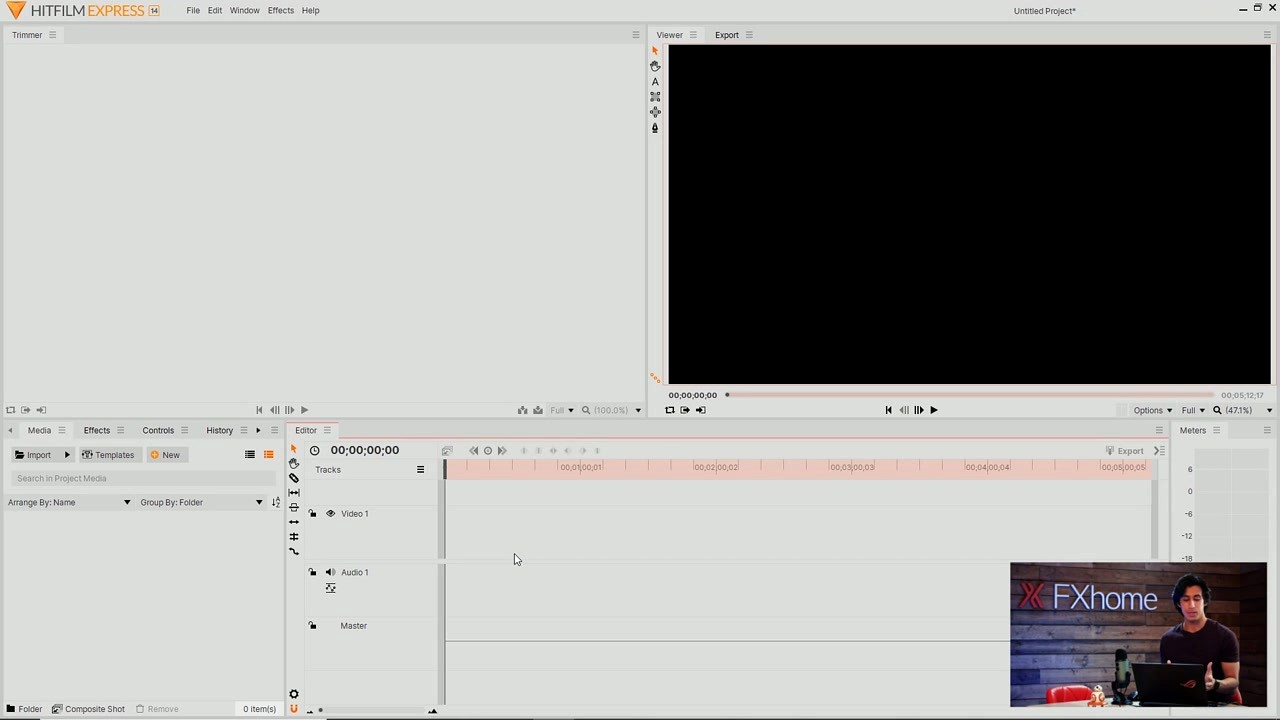HitFilm Express step 7 - Editor interface with empty timeline and panels